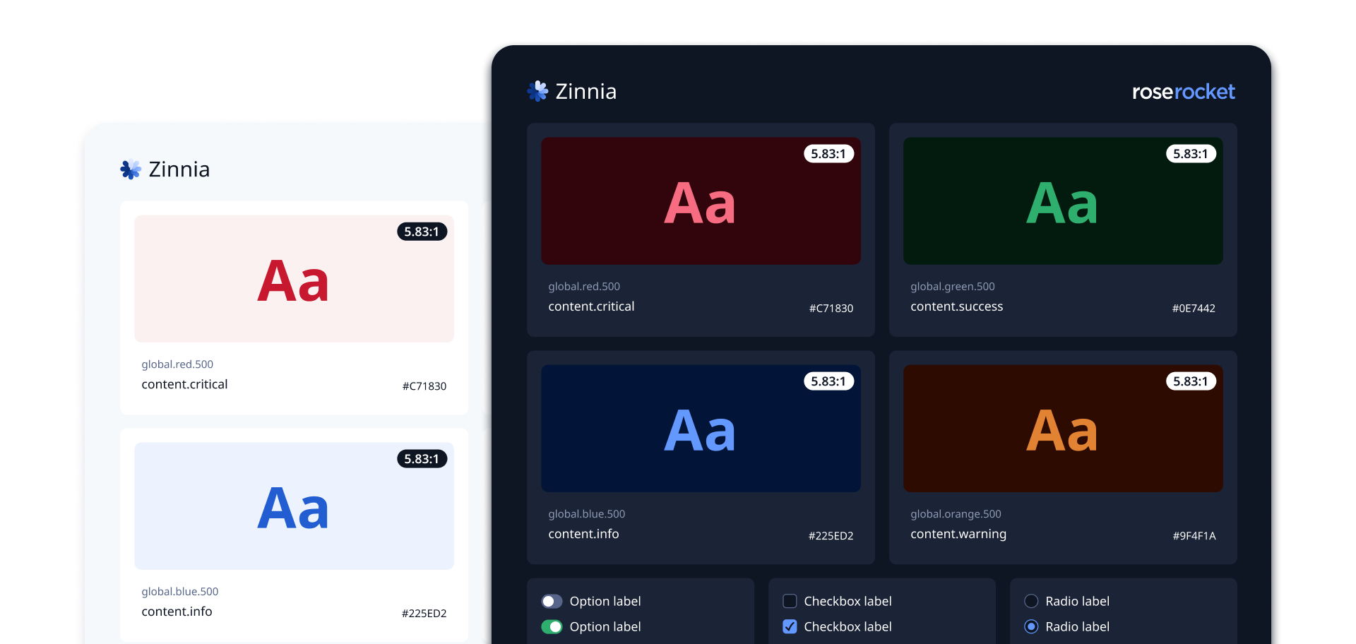 Screenshot of Zinnia design system showing various components